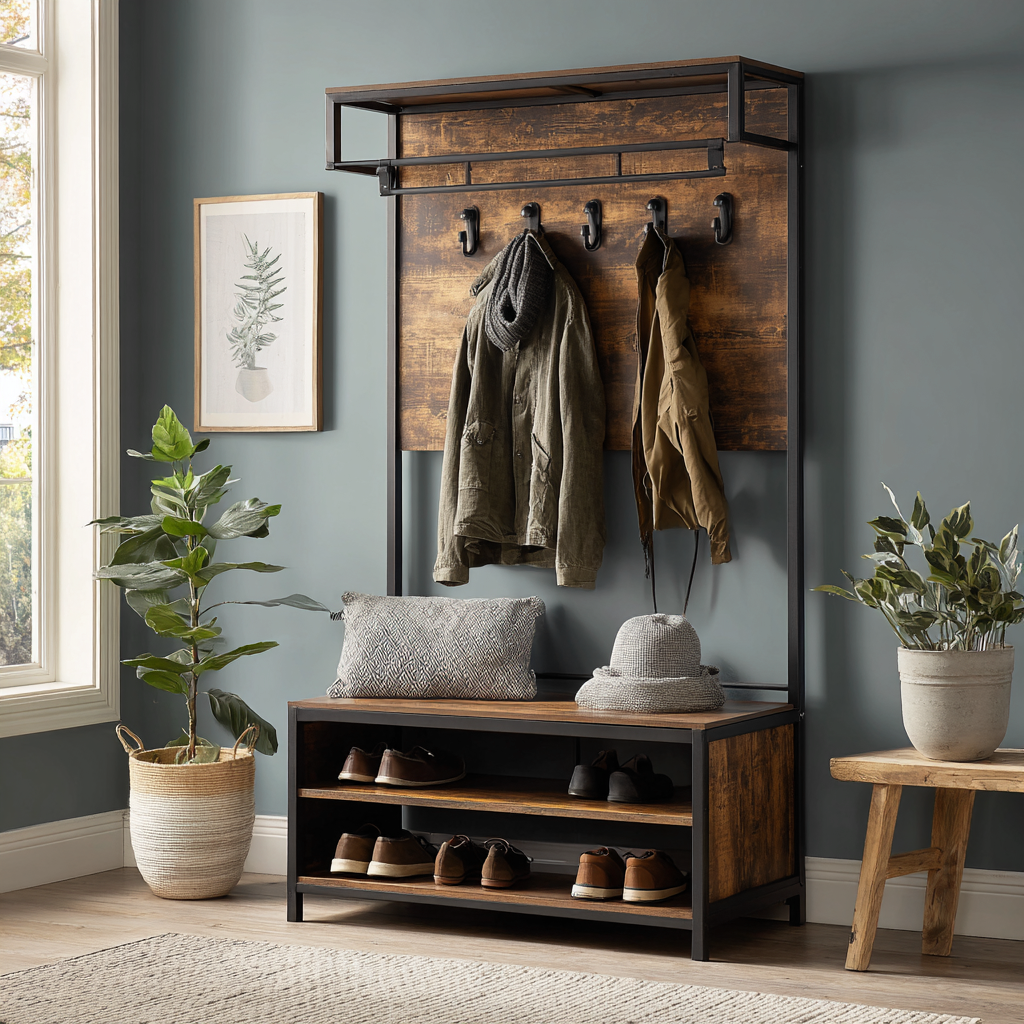 Appendiabiti con panca e scarpiera 100x40x180 cm - legno e metallo - marrone-nero - design industriale e funzionale-Hutare