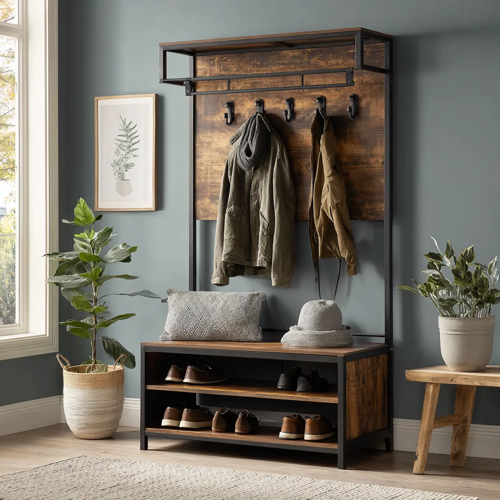 Appendiabiti con panca e scarpiera 100x40x180 cm - legno e metallo - marrone-nero - design industriale e funzionale-Hutare