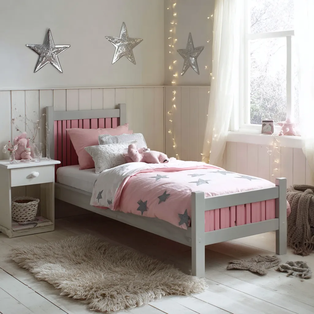 Letto per bambini 160x90x85 cm - struttura in legno grigio e rosa - design dolce e accogliente per cameretta-Hutare