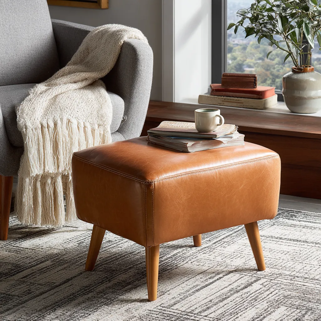 Pouf in pelle color cuoio 55x55x40 cm - design mid-century - pelle sintetica - cuoio-Hutare