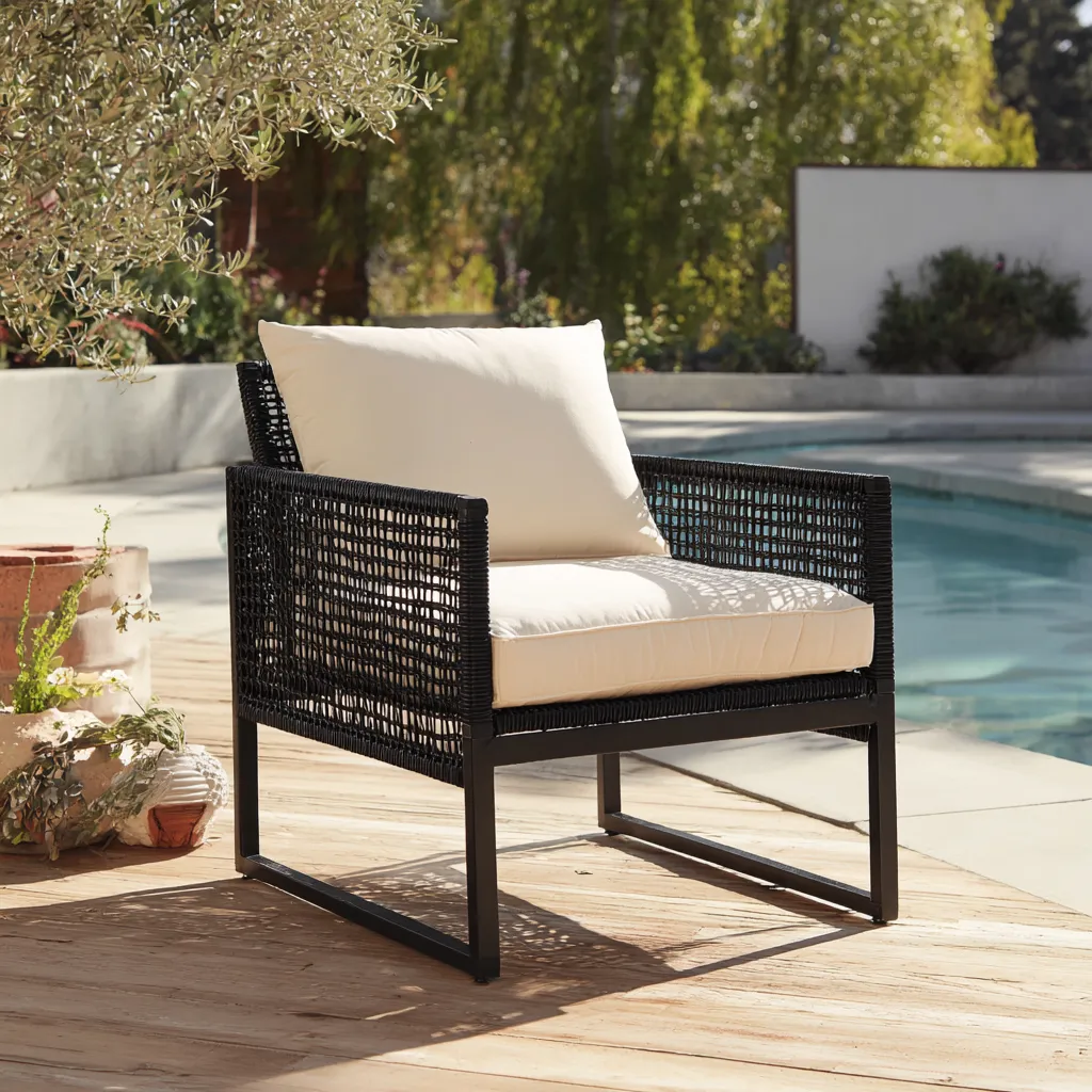 Sedia da giardino con cuscini - rattan sintetico e acciaio 72x78x83 cm - nero-beige - design moderno-Hutare