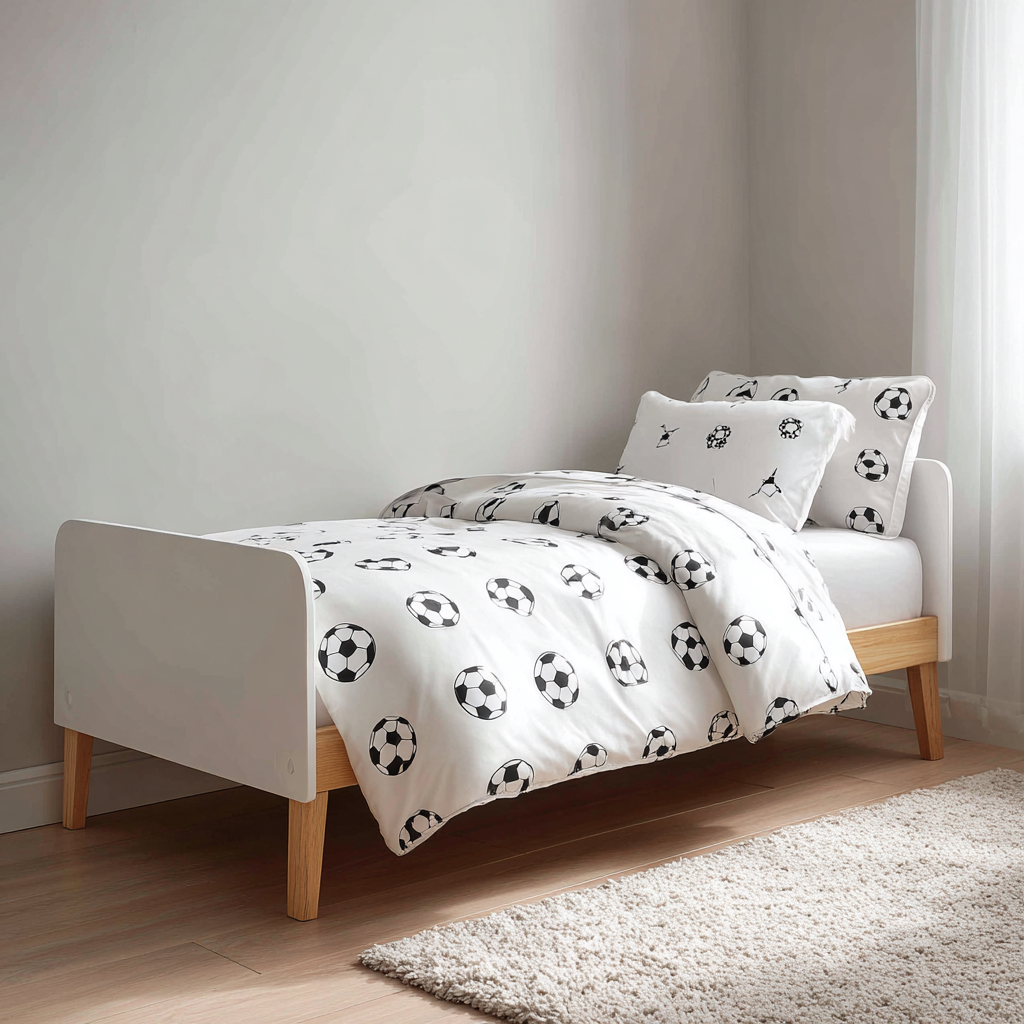 Letto per bambini 160x90x80 cm - struttura in legno bianco e gambe in rovere - fantasia palloni da calcio - design sportivo e moderno-Hutare