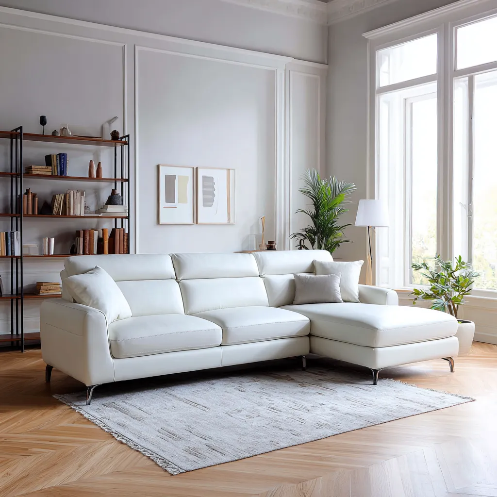 Divano angolare in pelle 285x180x90 cm - bianco - design moderno elegante-Hutare