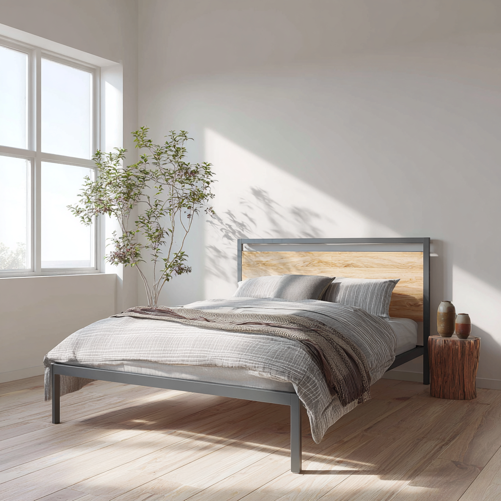 Letto matrimoniale in metallo grigio con testiera in legno naturale - 160x200x95 cm - design minimalista industriale-Hutare