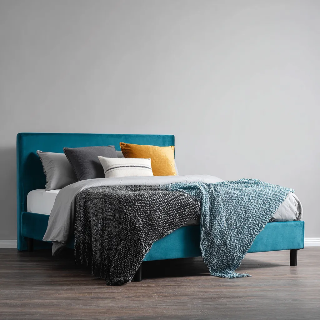 Letto matrimoniale imbottito in velluto turchese con gambe nere - 160x200x95 cm - Design moderno raffinato-Hutare