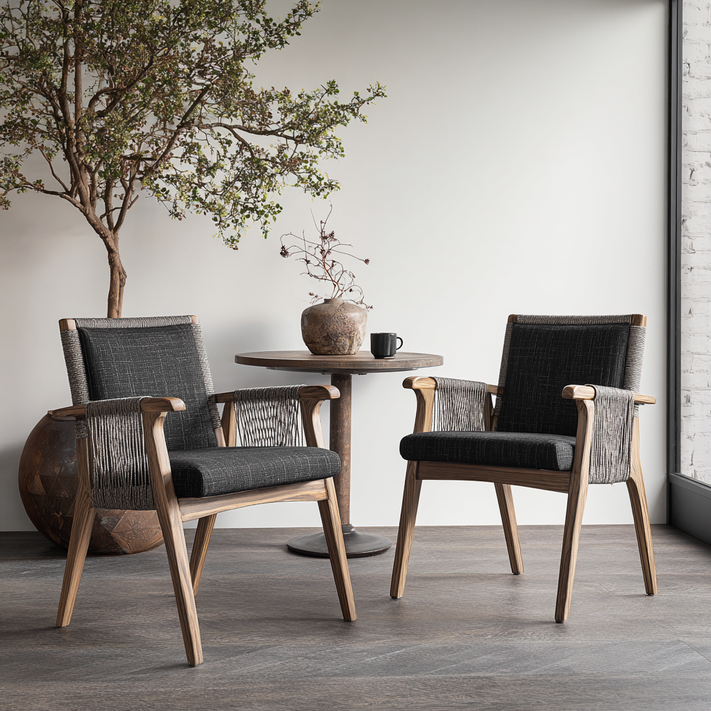 Set di 2 sedie da giardino con braccioli - legno e corda intrecciata 60x63x85 cm - grigio scuro-naturale - design scandinavo-Hutare
