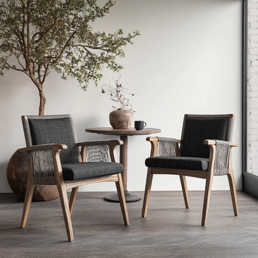 Set di 2 sedie da giardino con braccioli - legno e corda intrecciata 60x63x85 cm - grigio scuro-naturale - design scandinavo-Hutare