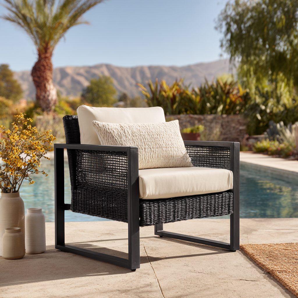 Poltrona da giardino intrecciata con cuscini - rattan sintetico e struttura in alluminio 78x80x82 cm - nero-beige - design moderno-Hutare