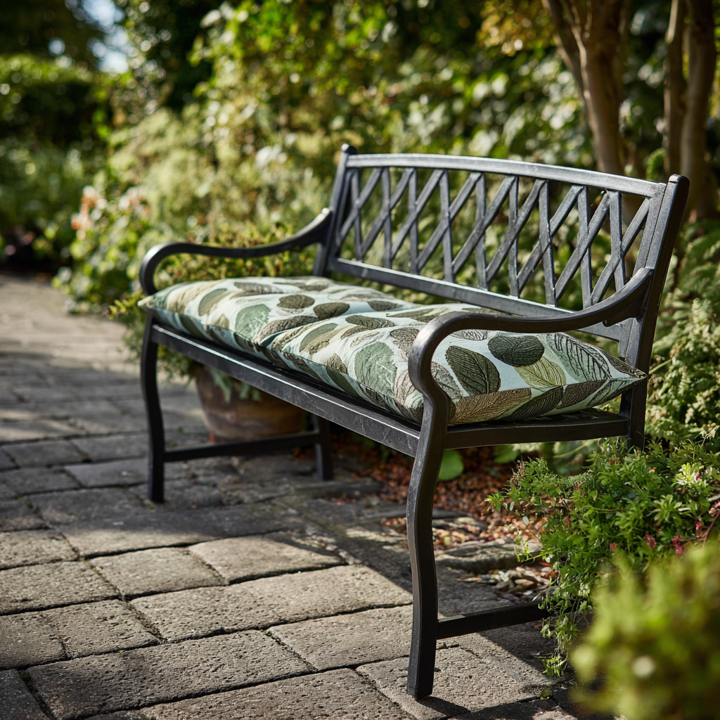 Panca da giardino in metallo 120x60x85 cm - metallo - nero - stile classico - con cuscino con motivo a foglia-Hutare