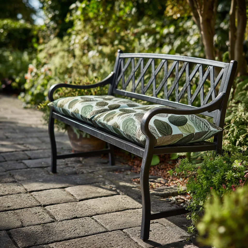 Panca da giardino in metallo 120x60x85 cm - metallo - nero - stile classico - con cuscino con motivo a foglia-Hutare