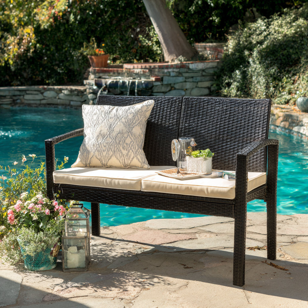 Panchina da giardino in rattan sintetico - 120x60x85 cm - colore nero-beige - design moderno con cuscini-Hutare