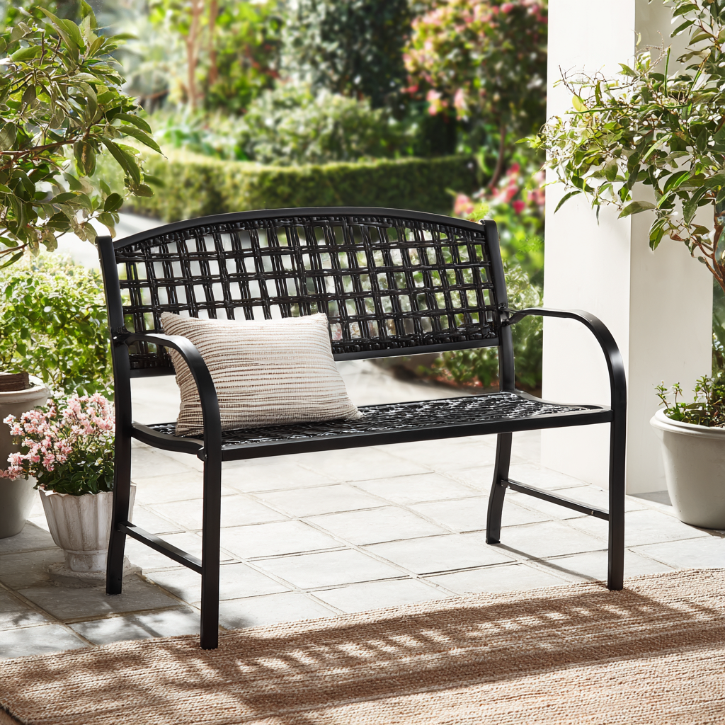 Panca da giardino in metallo 120x60x85 cm - metallo - nero - stile moderno - con schienale-Hutare