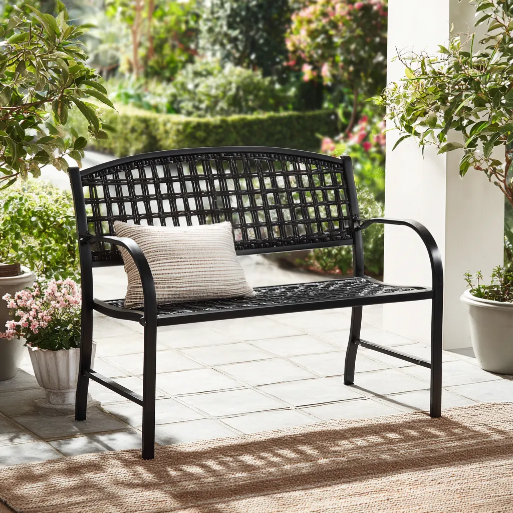 Panca da giardino in metallo 120x60x85 cm - metallo - nero - stile moderno - con schienale-Hutare