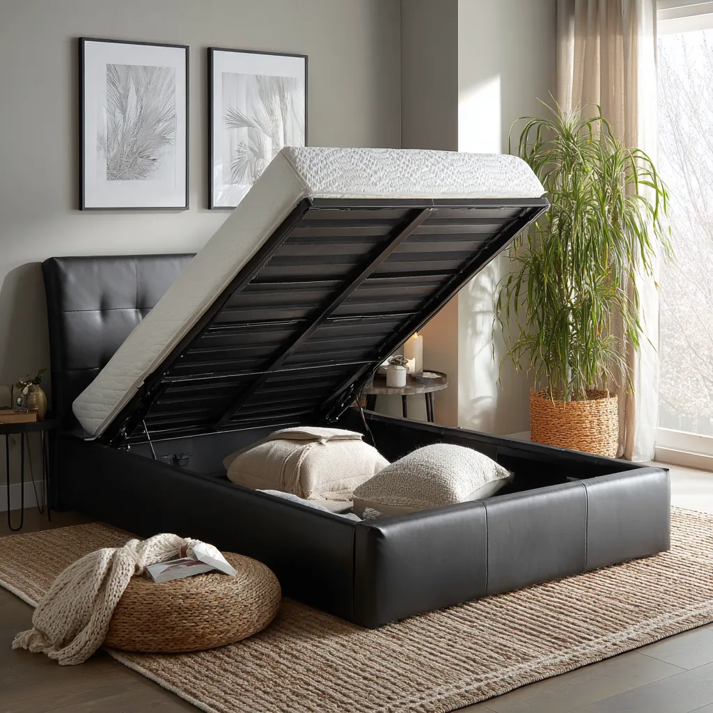 Letto matrimoniale in ecopelle 200x160x100 cm - nero - con contenitore a sollevamento - design moderno-Hutare