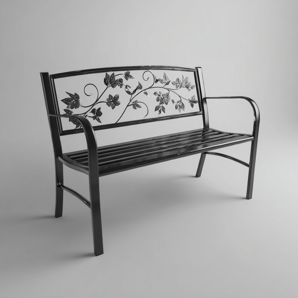 Panchina da giardino in metallo - 125x60x85 cm - colore nero - design floreale decorativo-Hutare
