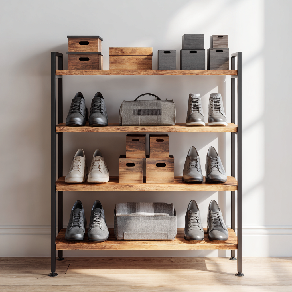 Scarpiera in metallo e legno 80x35x100 cm - marrone-nero - stile industriale-Hutare