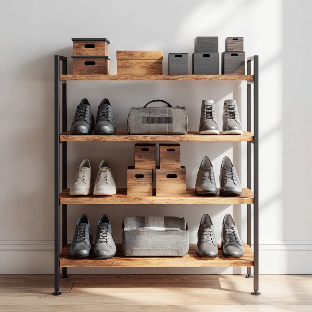 Scarpiera in metallo e legno 80x35x100 cm - marrone-nero - stile industriale-Hutare