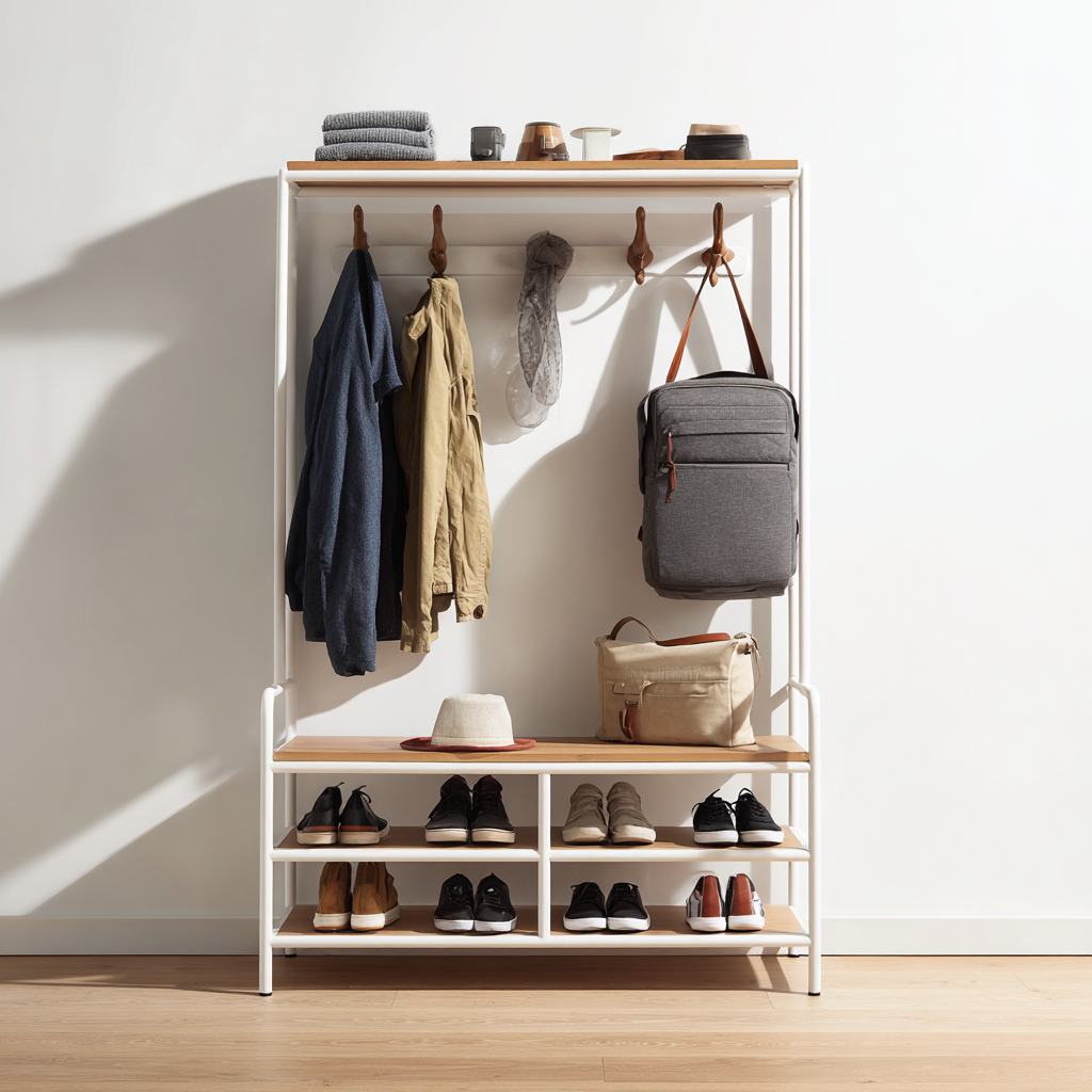 Appendiabiti in legno e metallo con panca e ripiani porta scarpe - 100x40x185 cm - marrone-nero - stile industriale vintage-Hutare