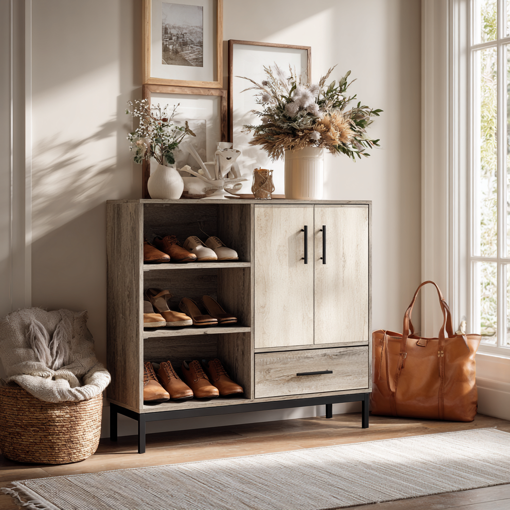 Scarpiera in legno con ante e cassetto 100x35x90 cm - rovere chiaro - design moderno-Hutare