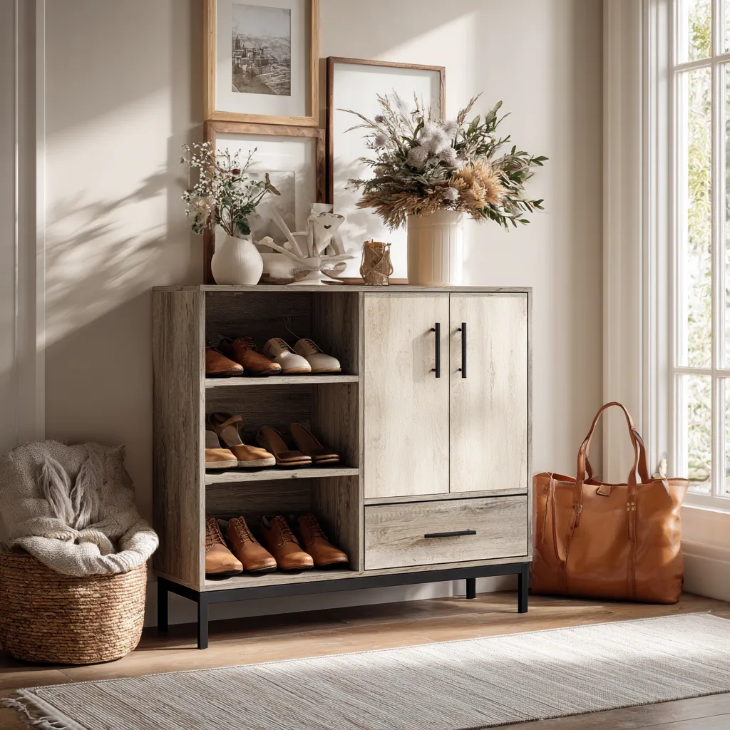 Scarpiera in legno con ante e cassetto 100x35x90 cm - rovere chiaro - design moderno-Hutare