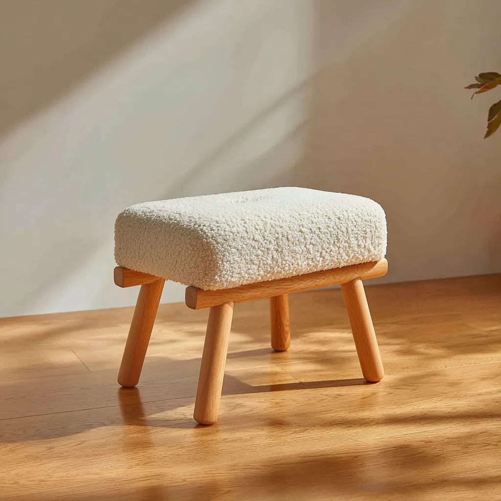 Pouf in tessuto bouclé 45x30x35 cm - design moderno - legno naturale e bianco crema-Hutare