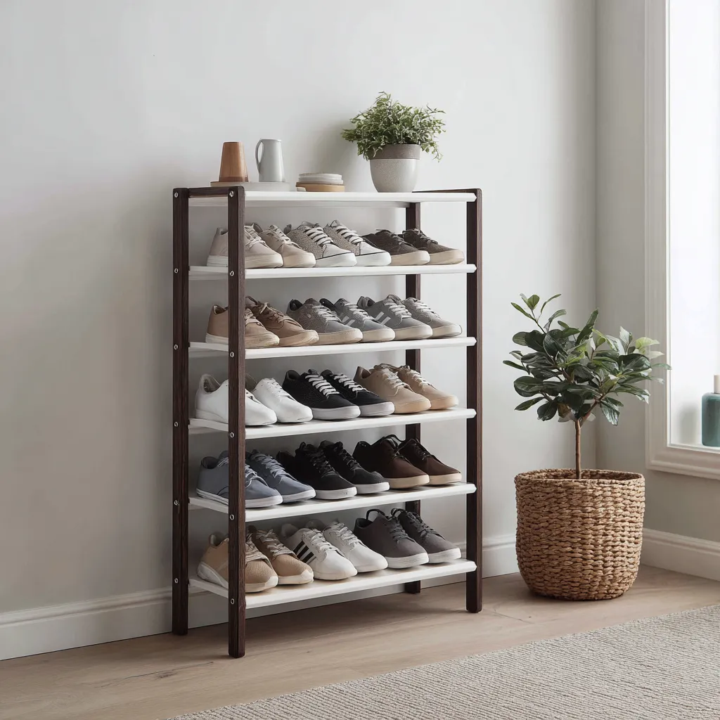 Scarpiera in legno e metallo 80x30x110 cm - bianco-marrone - design moderno minimalista-Hutare