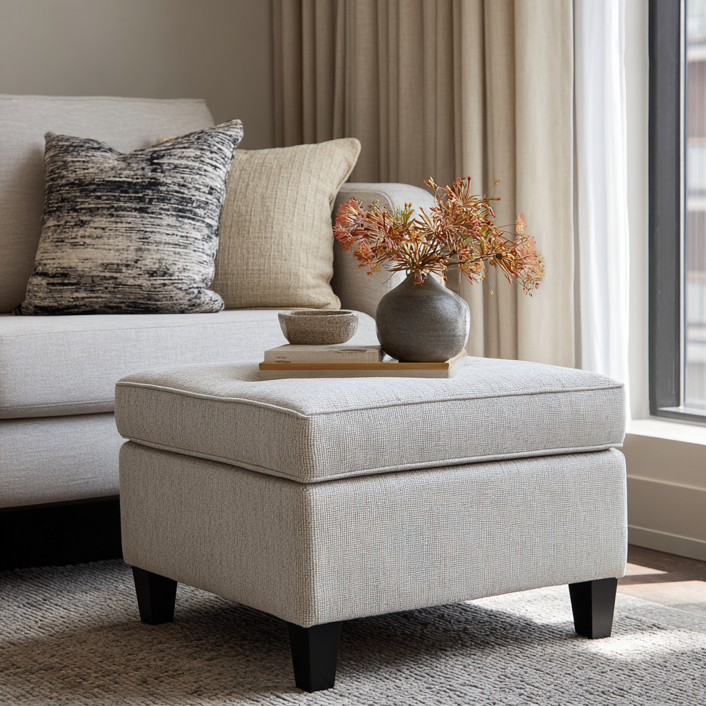 Pouf in tessuto 70x55x45 cm - design moderno - lino sintetico - beige chiaro-Hutare