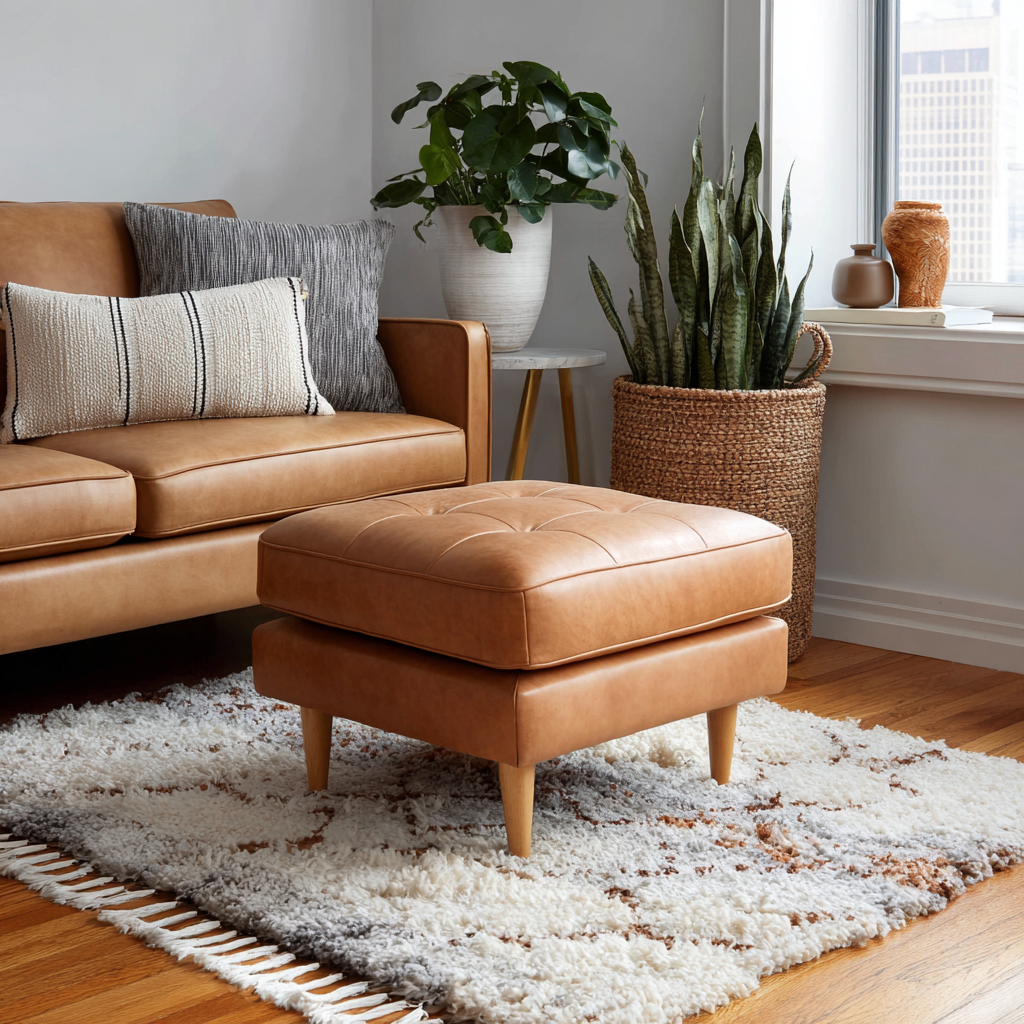 Pouf in pelle color cuoio 65x65x42 cm - design moderno - pelle sintetica - cuoio-Hutare