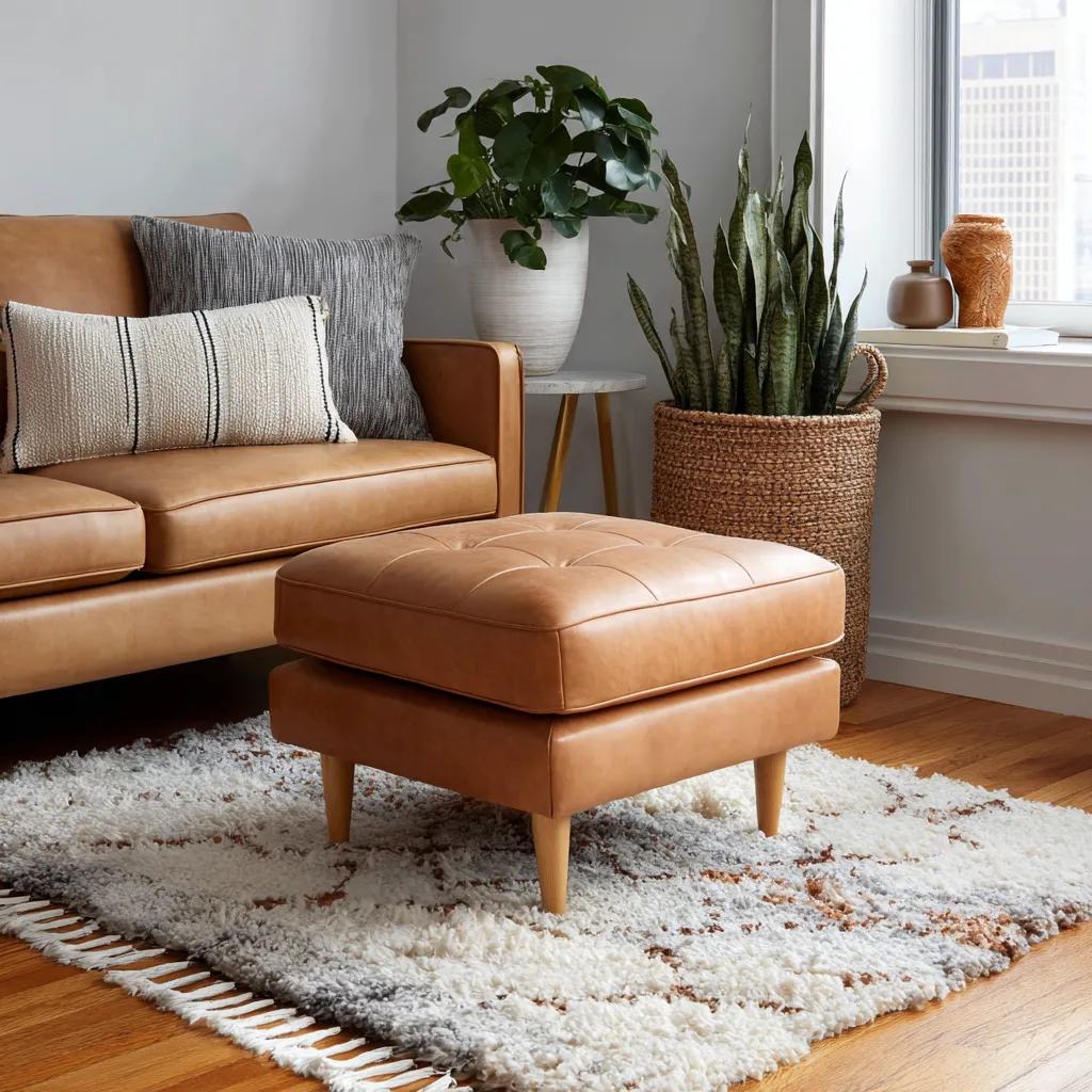 Pouf in pelle color cuoio 65x65x42 cm - design moderno - pelle sintetica - cuoio-Hutare