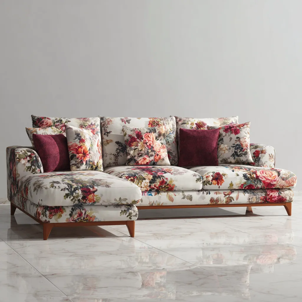 Divano angolare tessuto floreale 280x180x90 cm - bianco-multicolore - design classico-Hutare