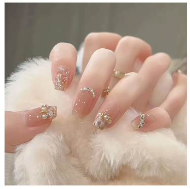 Elegant Press on Nails - Soft Bridal Style, Full Cover Glue-less Nail Tips (Reusable)