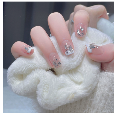 Elegant Press on Nails - Soft Bridal Style, Full Cover Glue-less Nail Tips (Reusable)