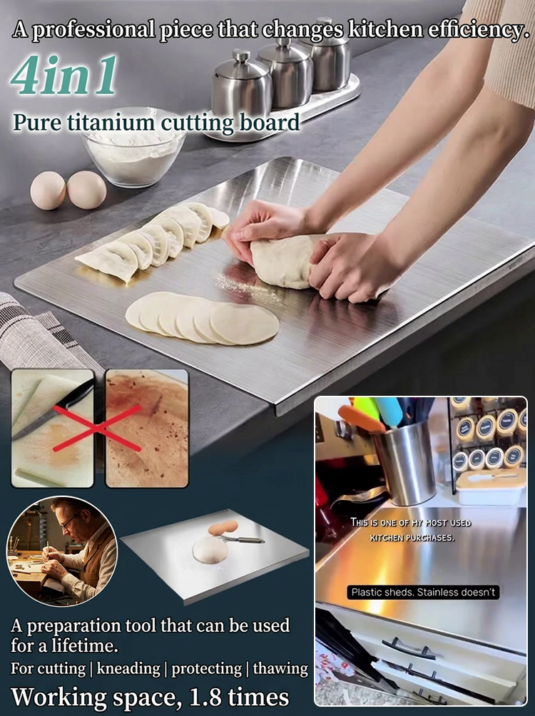 [Boost Efficiency] 4-in-1 Pure Titanium Cutting Board, Stop eating from "moldy" boards! Medical-Grade Titanium: Zero Bacteria. Top kitchen upgrade: Antibacterial & lightweight.