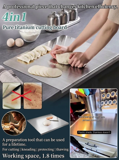 [Boost Efficiency] 4-in-1 Pure Titanium Cutting Board, Stop eating from "moldy" boards! Medical-Grade Titanium: Zero Bacteria. Top kitchen upgrade: Antibacterial & lightweight.