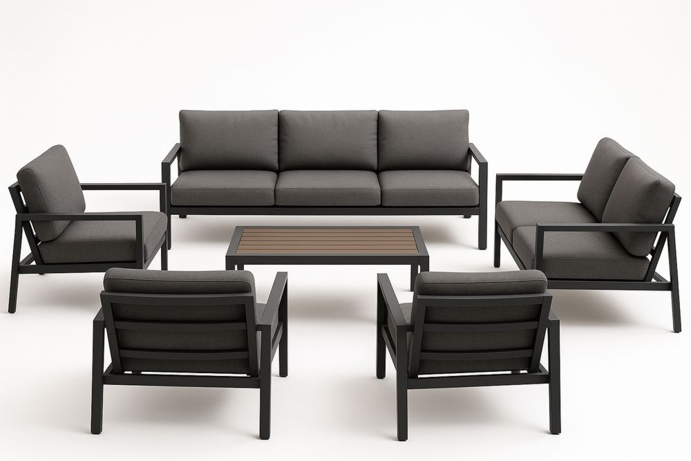 Udendørs loungesæt sort aluminium med polyester hynder-Decosuave