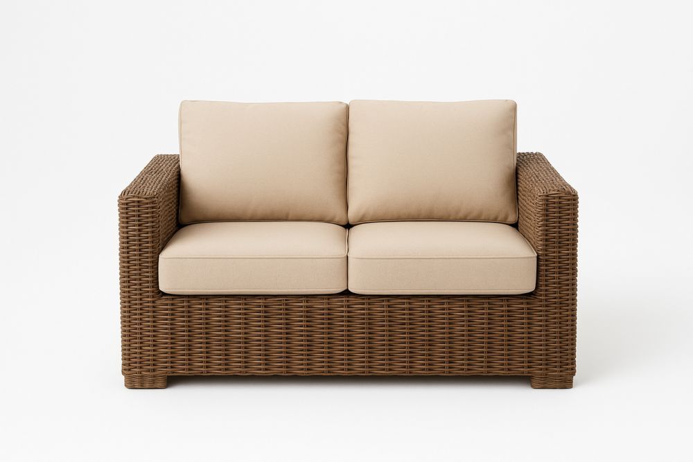 2-personers sofa i polyrattan med beige hynder-Decosuave