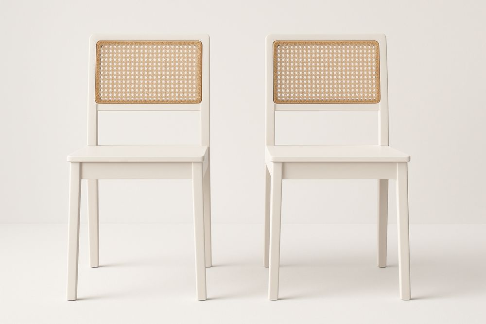 Sæt af 2 hvide træstole med rottingryg-Decosuave