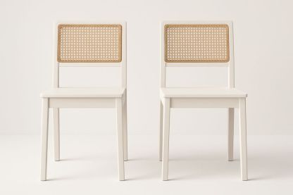 Sæt af 2 hvide træstole med rottingryg-Decosuave