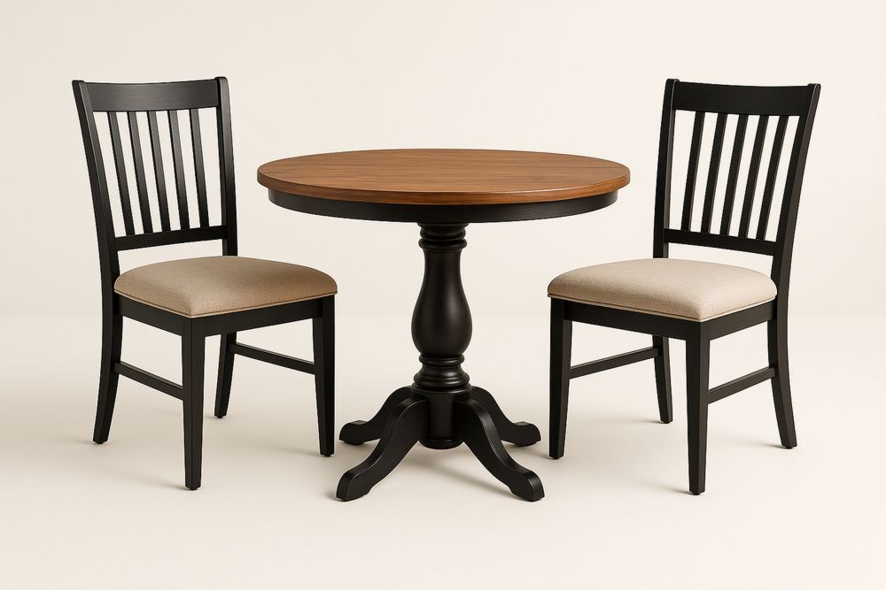 Rundt spisebordssæt i træ med sort ramme og beige stolpolstring-Decosuave