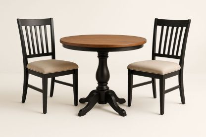 Rundt spisebordssæt i træ med sort ramme og beige stolpolstring-Decosuave