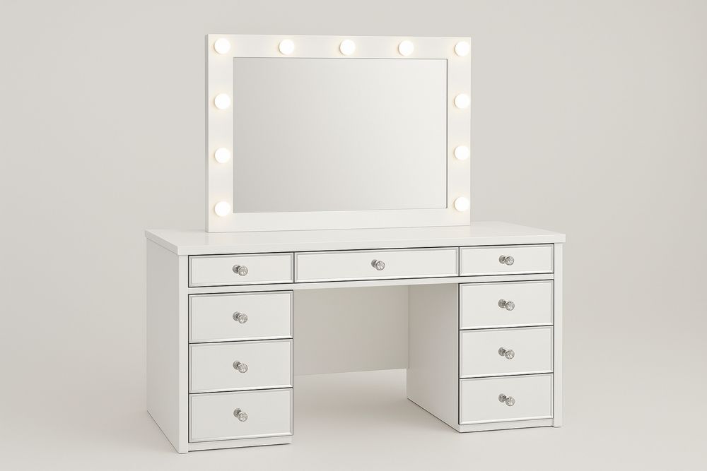 Sminkebord med LED-lys og spejl i hvid MDF-Decosuave