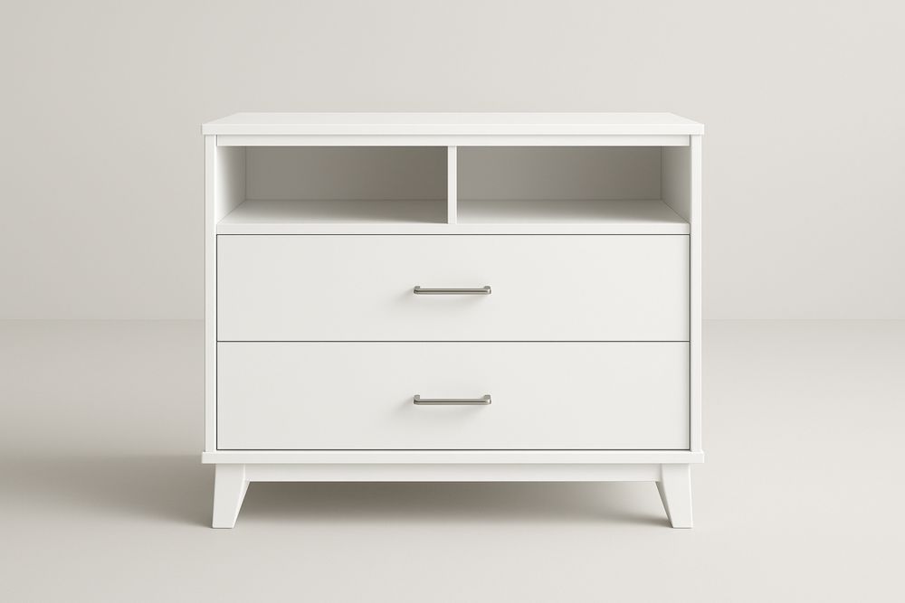 Hvid kommode med to skuffer og åbne rum i MDF og melamin-Decosuave