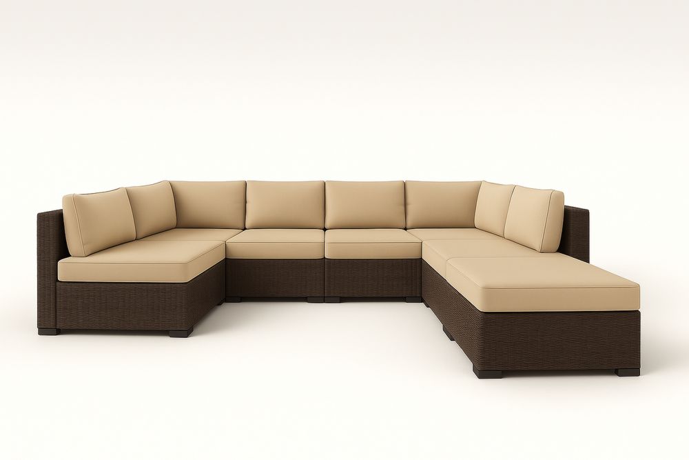 Udendørs modulopbygget hjørnesofa i polyethylen flet og polyester, brun/Beige-Decosuave