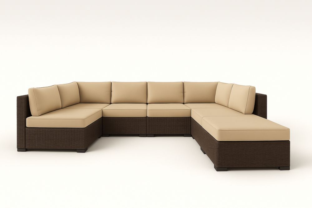 Udendørs modulopbygget hjørnesofa i polyethylen flet og polyester, brun/Beige-Decosuave