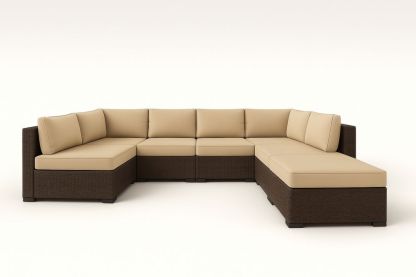 Udendørs modulopbygget hjørnesofa i polyethylen flet og polyester, brun/Beige-Decosuave