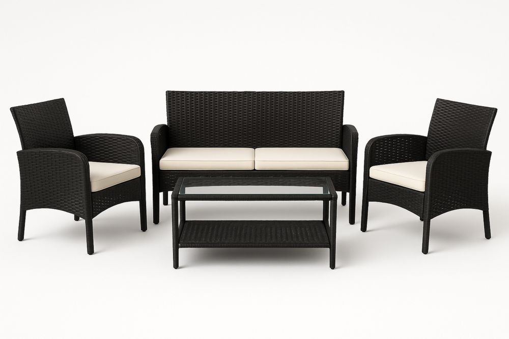 Havemøbelsæt i Flet med Glasbord Sort/Beige-Decosuave