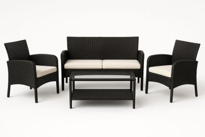 Havemøbelsæt i Flet med Glasbord Sort/Beige-Decosuave