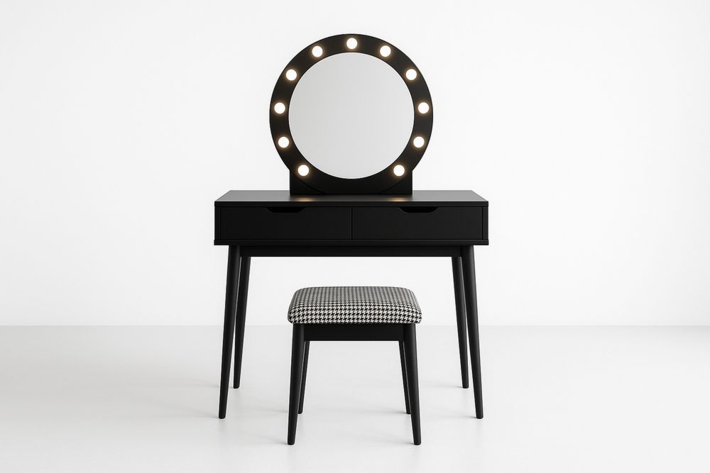 Sort Sminkebord med Rundt Spejl og Belysning inkl. Skammel-Decosuave