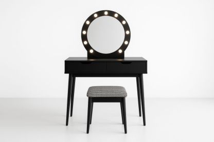 Sort Sminkebord med Rundt Spejl og Belysning inkl. Skammel-Decosuave