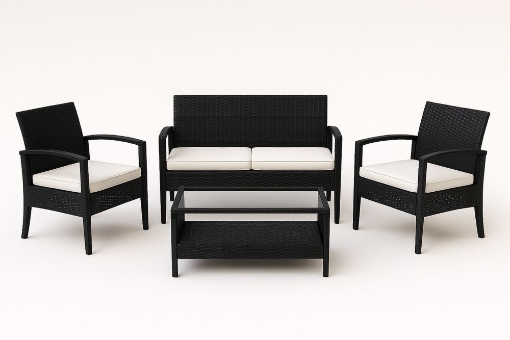 Udendørs møbelsæt i sort polyrattan med hvid polyester hynder-Decosuave